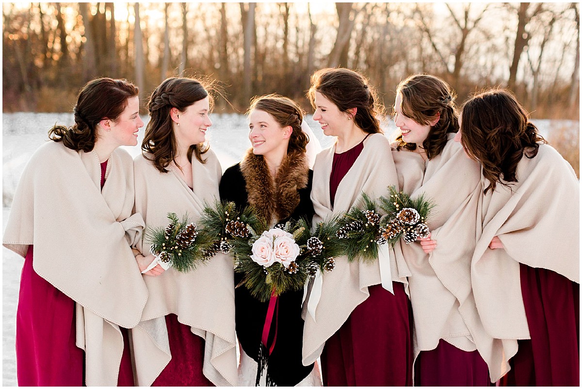 Wedding Party Pictures - Bridesmaids with shawls in the Snow - Minnesota Catholic Winter Wedding - Saint Paul, Minnesota