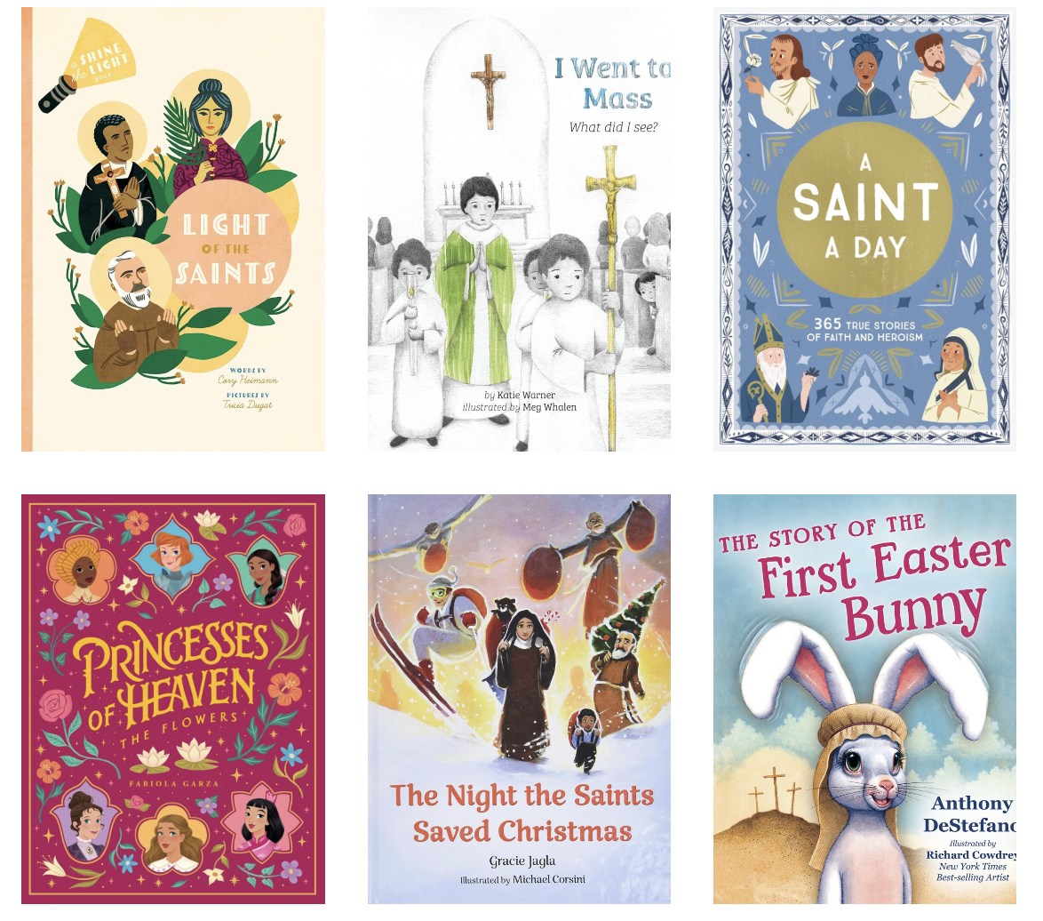 Collage of book recommendations for Catholic kids between ages 0-4